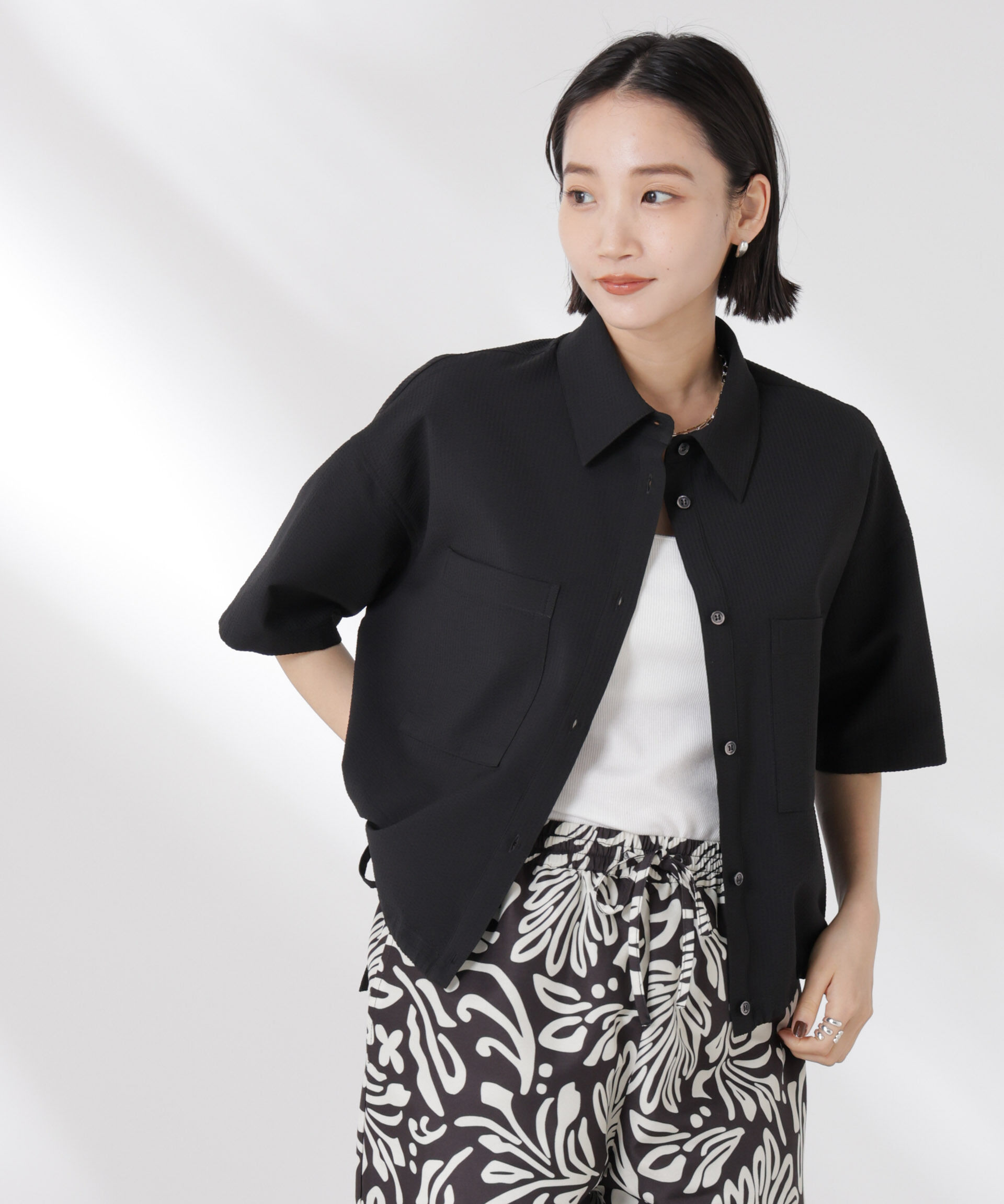 nano･universe「ドロストリボンヘムクロップドサッカーシャツ(セットアップ可)」|シャツ・ブラウス|ブラック