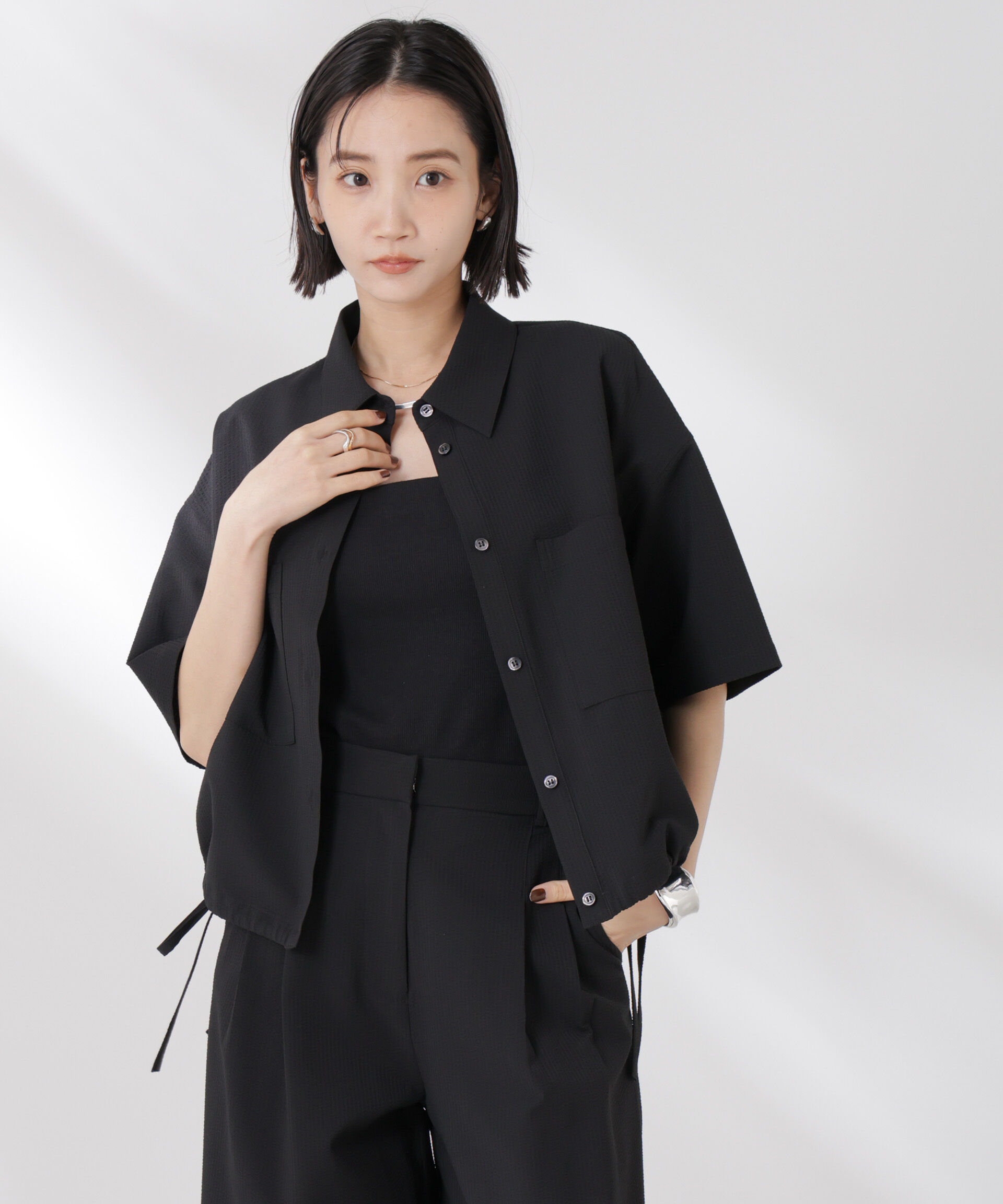 nano･universe「ドロストリボンヘムクロップドサッカーシャツ(セットアップ可)」|シャツ・ブラウス|