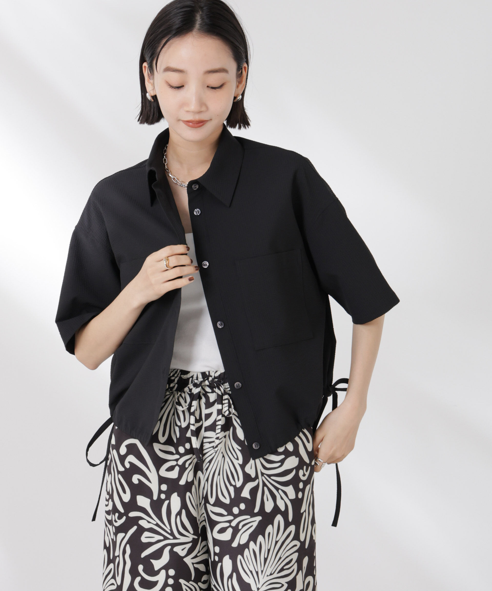 nano･universe「ドロストリボンヘムクロップドサッカーシャツ(セットアップ可)」|シャツ・ブラウス|