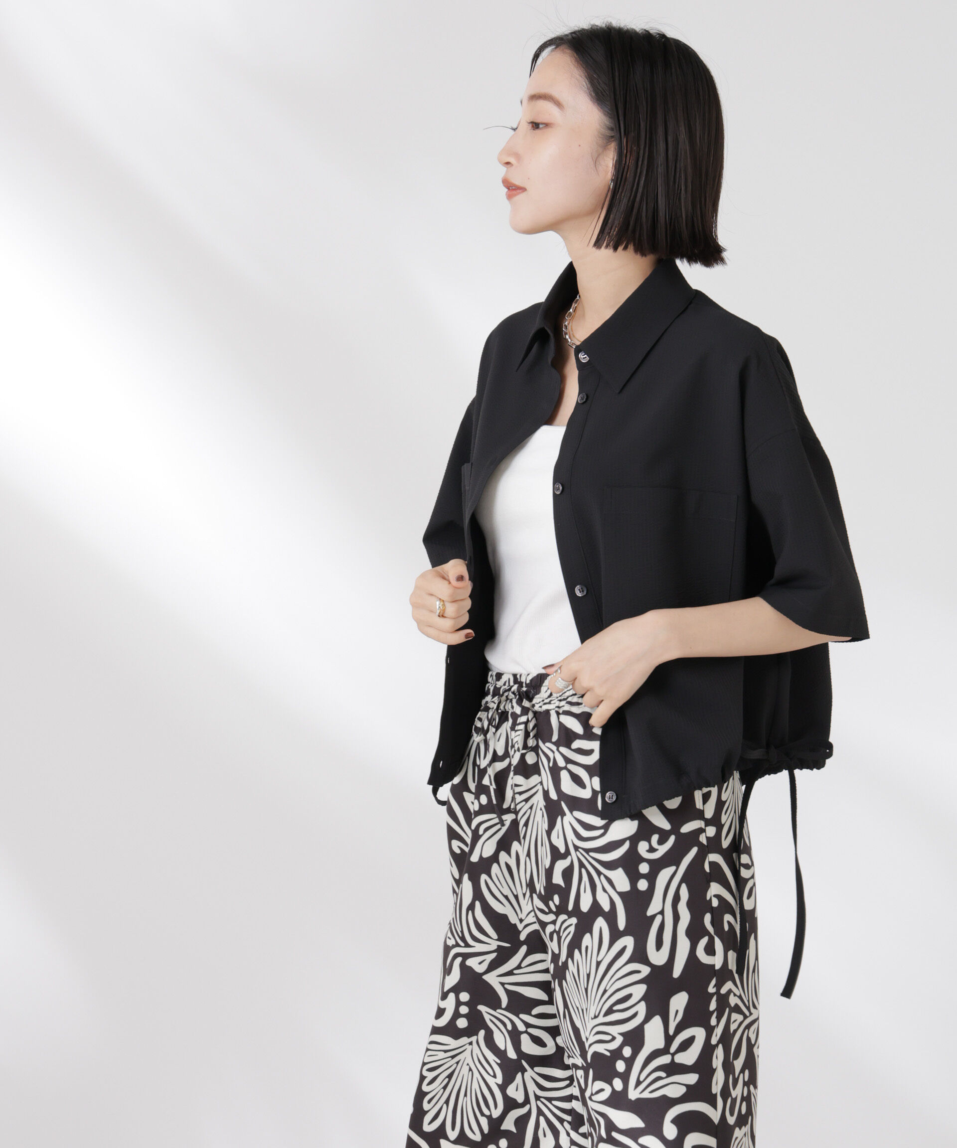 nano･universe「ドロストリボンヘムクロップドサッカーシャツ(セットアップ可)」|シャツ・ブラウス|