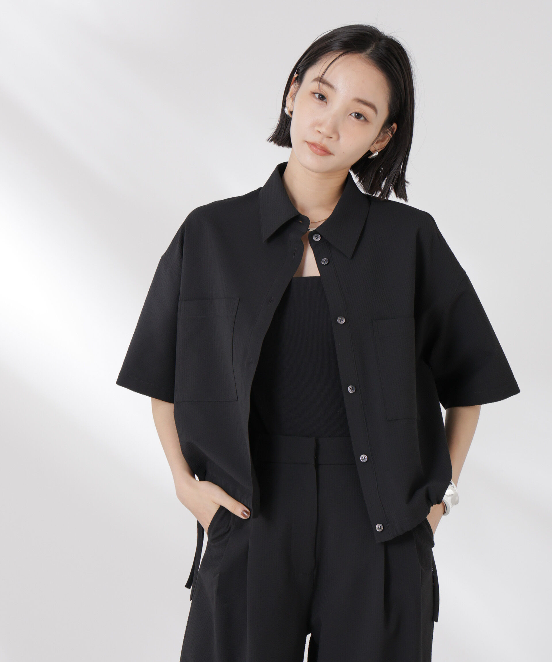 nano･universe「ドロストリボンヘムクロップドサッカーシャツ(セットアップ可)」|シャツ・ブラウス|