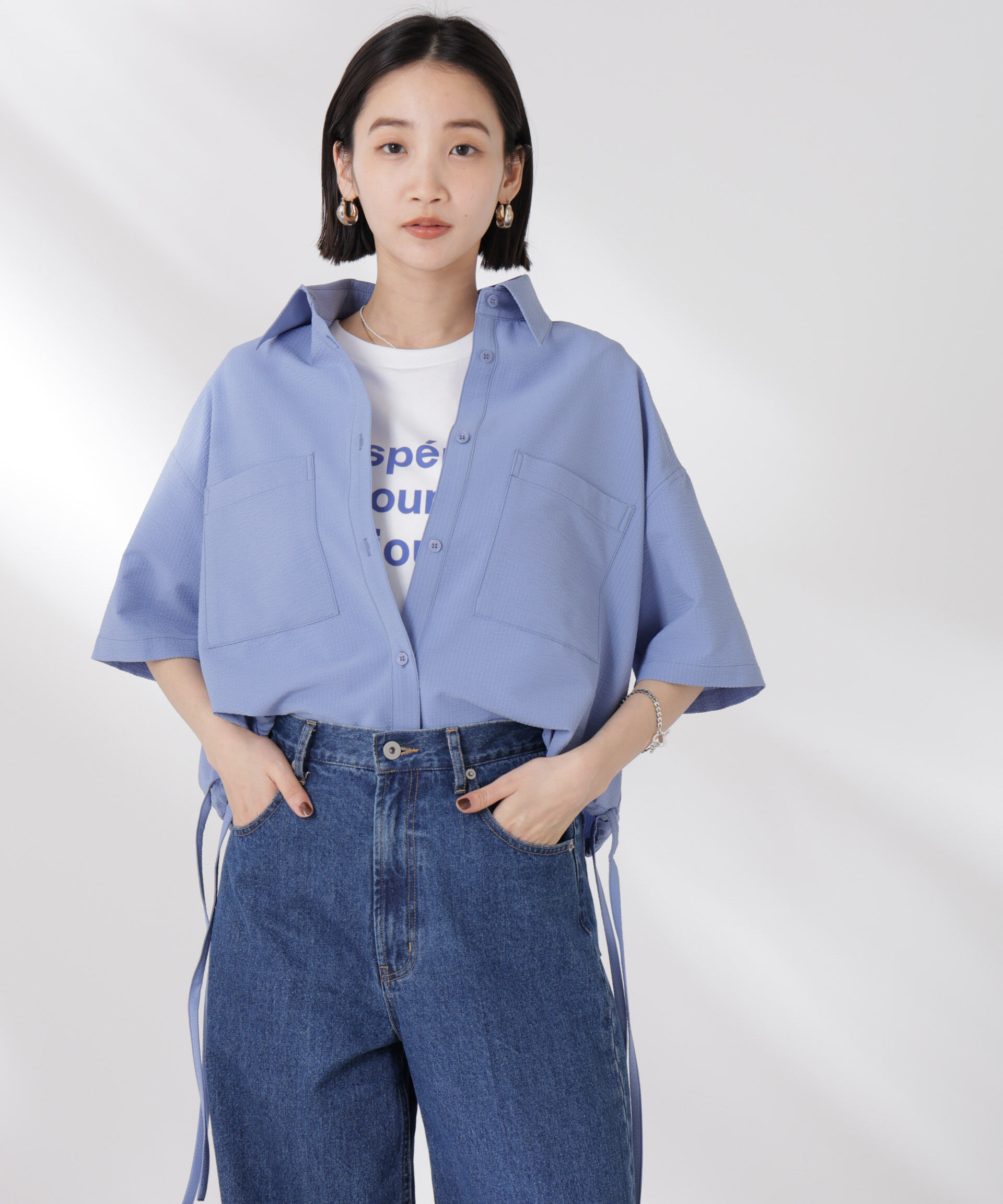 nano･universe「ドロストリボンヘムクロップドサッカーシャツ(セットアップ可)」|シャツ・ブラウス|