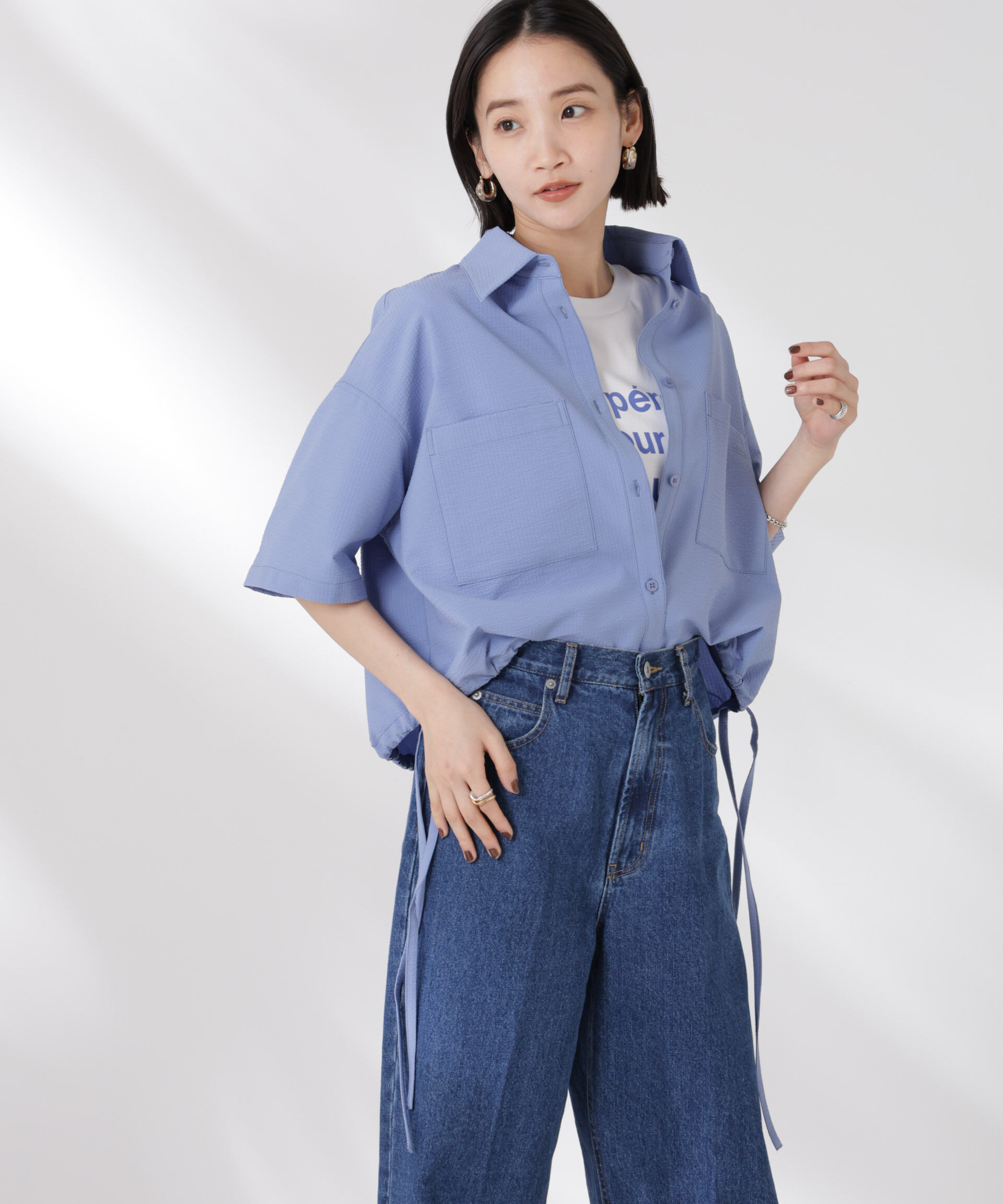 nano･universe「ドロストリボンヘムクロップドサッカーシャツ(セットアップ可)」|シャツ・ブラウス|