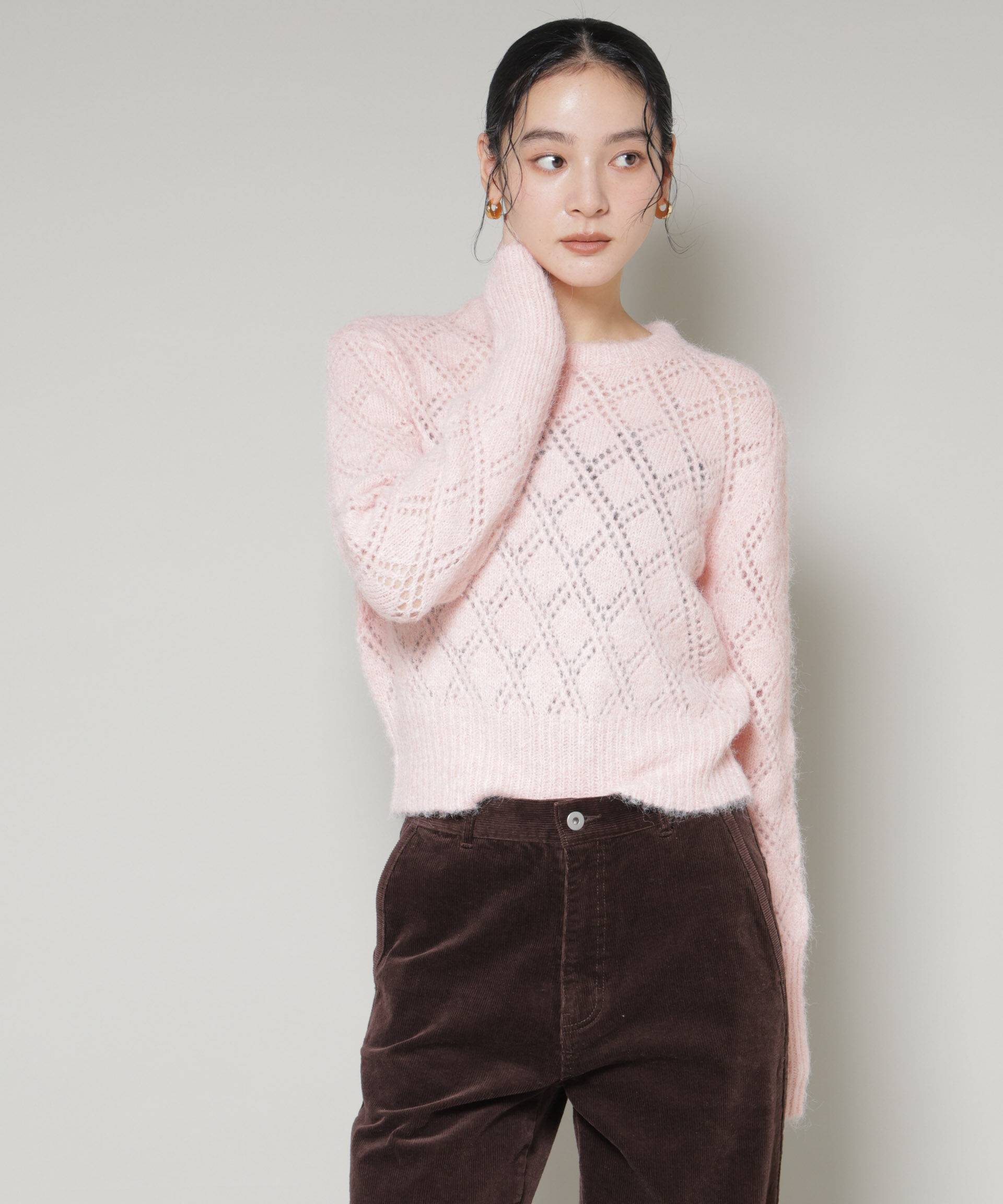 nano･universe「ヘアリー透かしダイヤ柄ニットプルオーバー」|ニット・セーター|