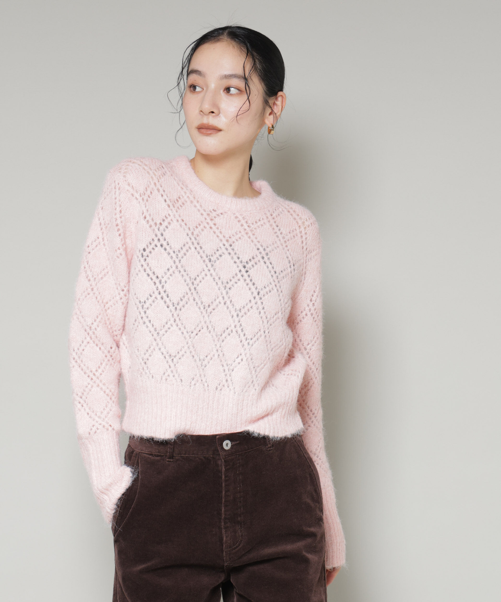 nano･universe「ヘアリー透かしダイヤ柄ニットプルオーバー」|ニット・セーター|