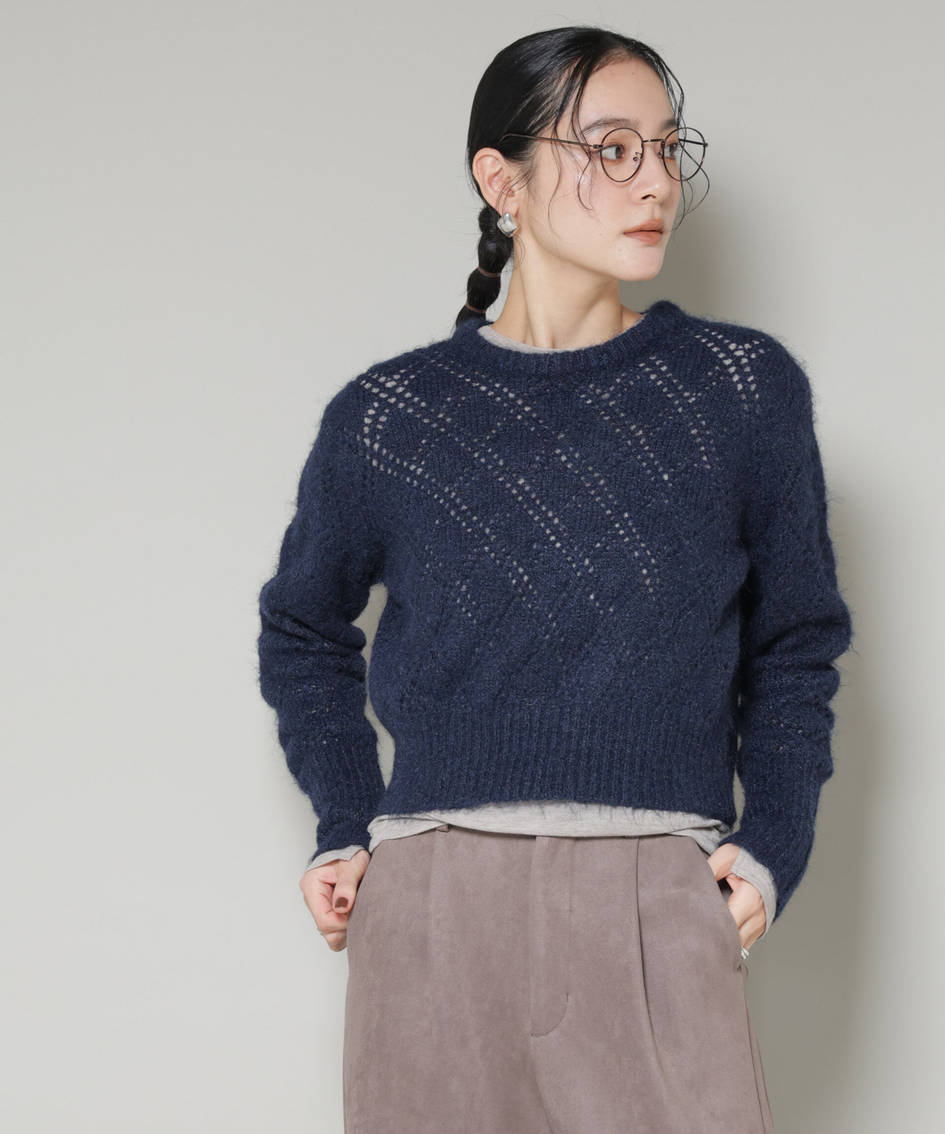 nano･universe「ヘアリー透かしダイヤ柄ニットプルオーバー」|ニット・セーター|