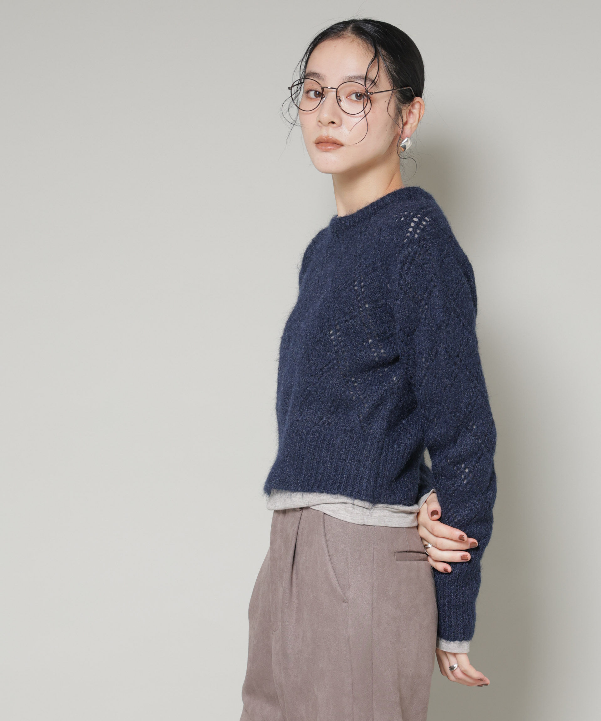 nano･universe「ヘアリー透かしダイヤ柄ニットプルオーバー」|ニット・セーター|