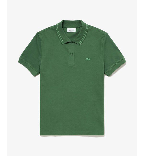 LACOSTE「ストライプリブニットカラーストレッチ鹿の子 半袖ポロシャツ」|ポロシャツ|