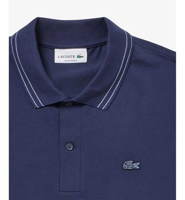 LACOSTE「ストライプリブニットカラーストレッチ鹿の子 半袖ポロシャツ」|ポロシャツ|