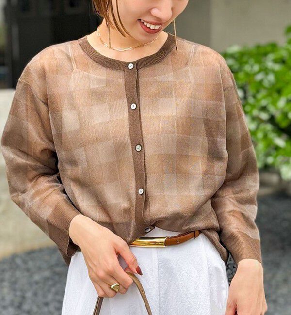 Rie Miller「《手洗い可能》シアーブロックチェック2WAYクルーネックカーディガン」|カーディガン|