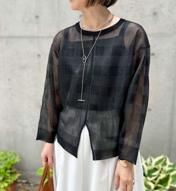 Rie Miller「《手洗い可能》シアーブロックチェック2WAYクルーネックカーディガン」|カーディガン|