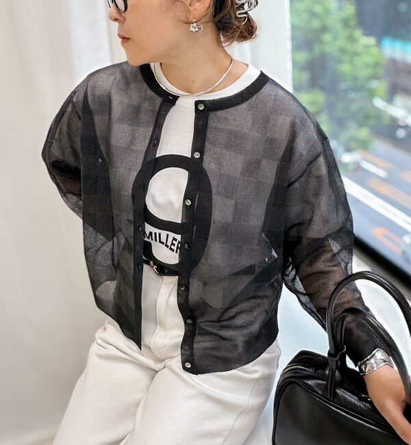 Rie Miller「《手洗い可能》シアーブロックチェック2WAYクルーネックカーディガン」|カーディガン|