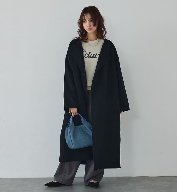 abahouse mavie「【体型カバー】ノーカラーロングコート/冬服/長袖/フォーマル/セミオケ/ウール混」|ノーカラーコート|ブラック