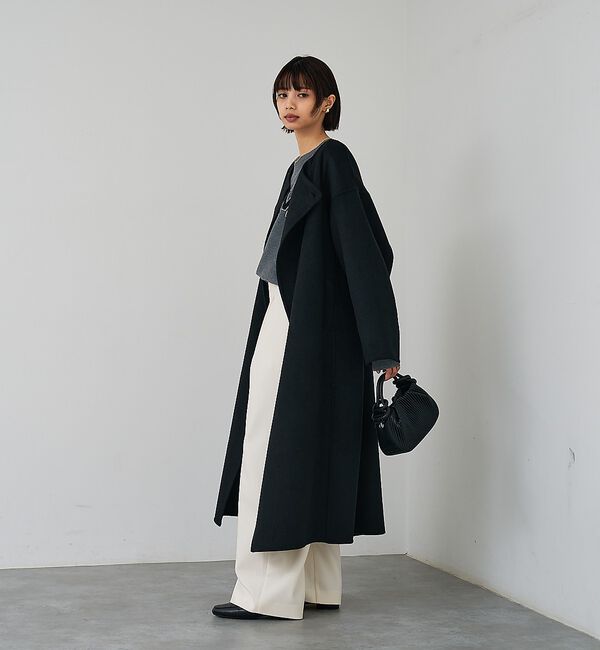 abahouse mavie「【体型カバー】ノーカラーロングコート/冬服/長袖/フォーマル/セミオケ/ウール混」|ノーカラーコート|