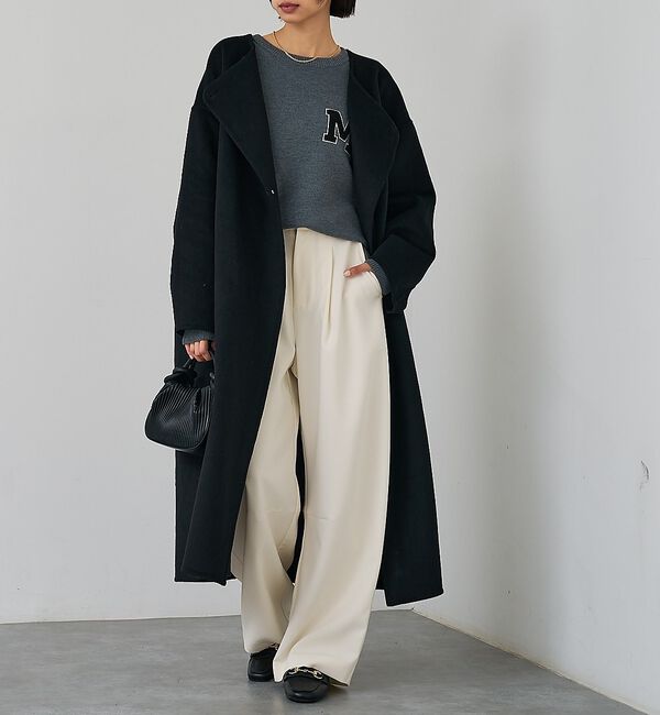 abahouse mavie「【体型カバー】ノーカラーロングコート/冬服/長袖/フォーマル/セミオケ/ウール混」|ノーカラーコート|