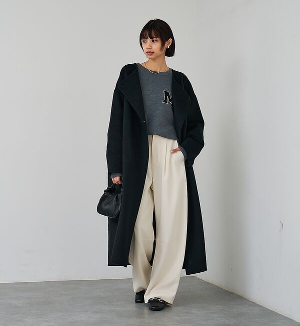 abahouse mavie「【体型カバー】ノーカラーロングコート/冬服/長袖/フォーマル/セミオケ/ウール混」|ノーカラーコート|