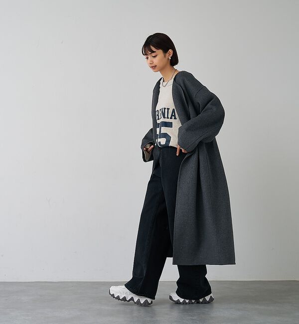 abahouse mavie「【体型カバー】ノーカラーロングコート/冬服/長袖/フォーマル/セミオケ/ウール混」|ノーカラーコート|