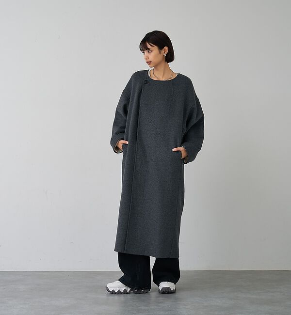 abahouse mavie「【体型カバー】ノーカラーロングコート/冬服/長袖/フォーマル/セミオケ/ウール混」|ノーカラーコート|