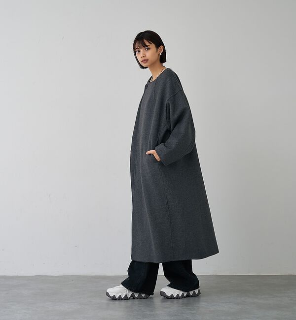 abahouse mavie「【体型カバー】ノーカラーロングコート/冬服/長袖/フォーマル/セミオケ/ウール混」|ノーカラーコート|