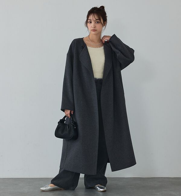abahouse mavie「【体型カバー】ノーカラーロングコート/冬服/長袖/フォーマル/セミオケ/ウール混」|ノーカラーコート|