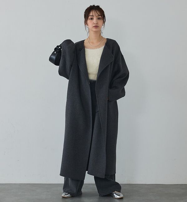 abahouse mavie「【体型カバー】ノーカラーロングコート/冬服/長袖/フォーマル/セミオケ/ウール混」|ノーカラーコート|