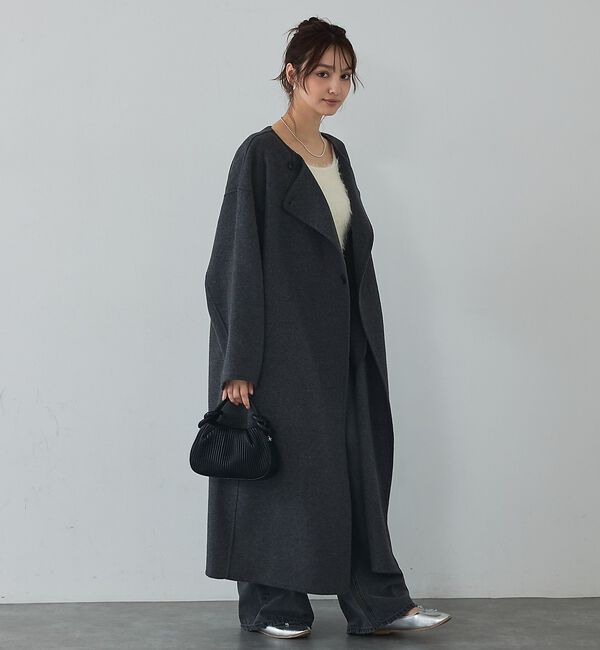 abahouse mavie「【体型カバー】ノーカラーロングコート/冬服/長袖/フォーマル/セミオケ/ウール混」|ノーカラーコート|