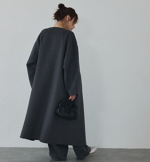 abahouse mavie「【体型カバー】ノーカラーロングコート/冬服/長袖/フォーマル/セミオケ/ウール混」|ノーカラーコート|