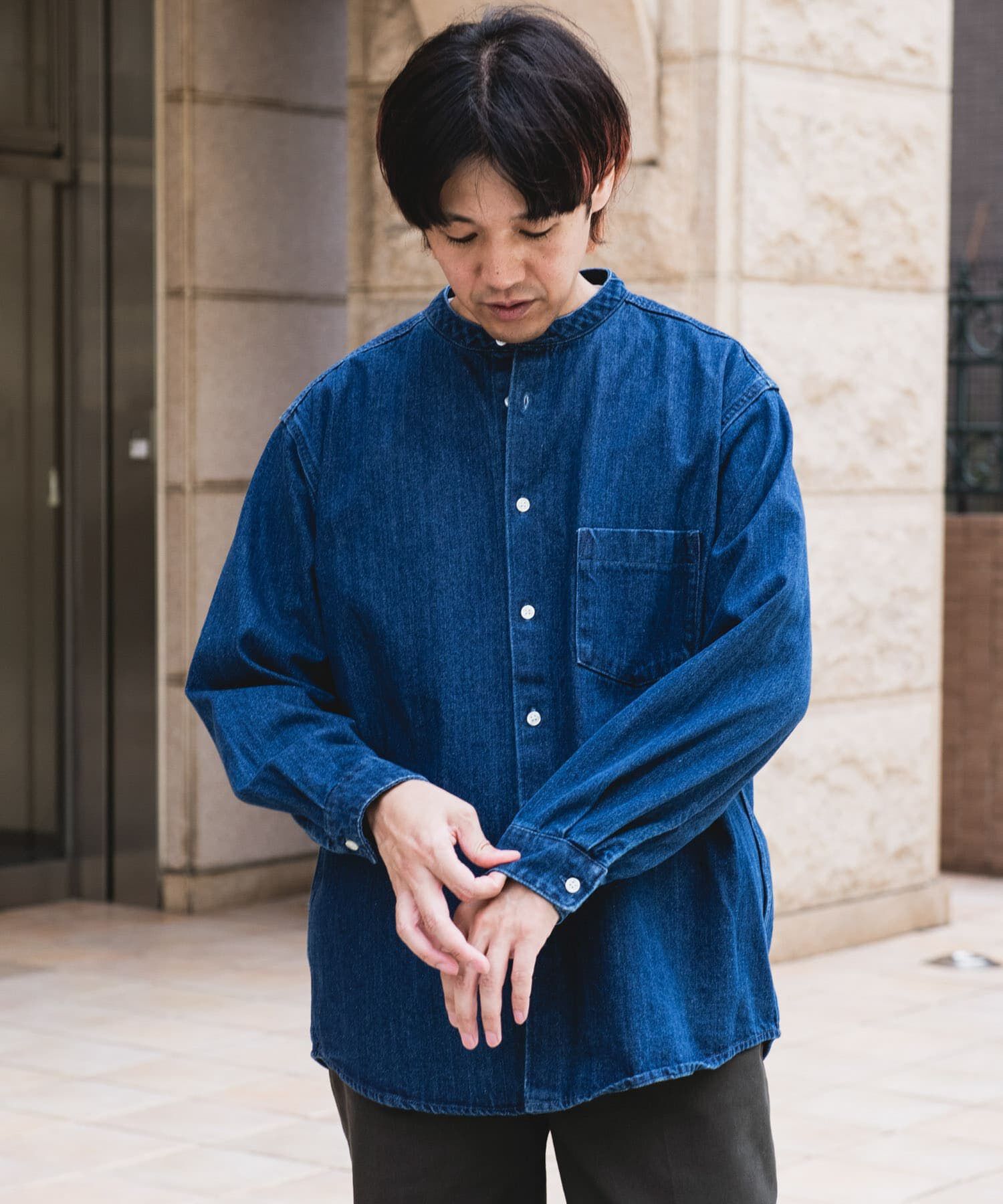 URBAN RESEARCH DOORS「デニムバンドカラーシャツ」|シャツ・ブラウス|ブルー