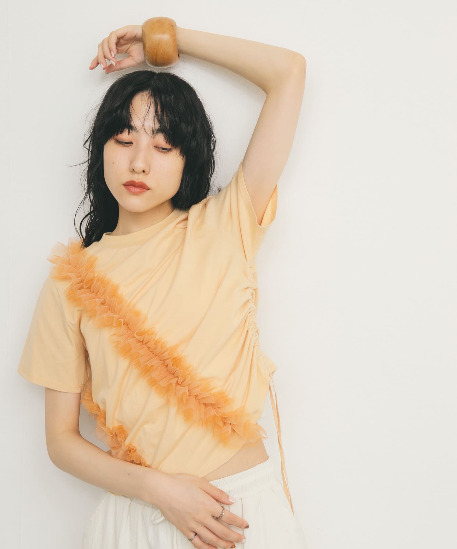  「シャーリングフリルTEE」|Tシャツ・カットソー|オレンジ系その他