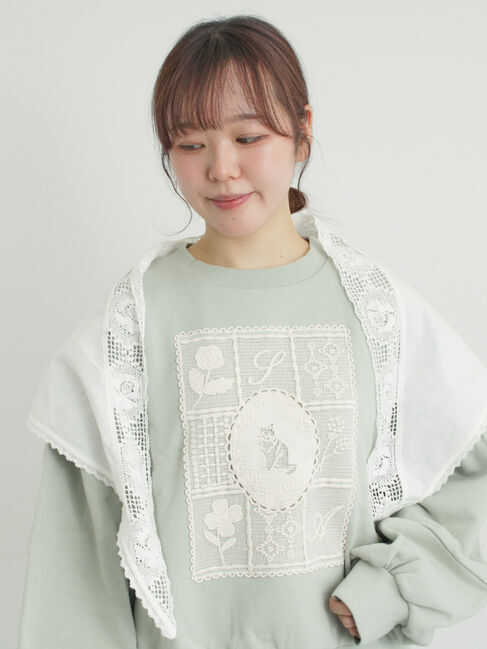 Samansa Mos2「裏毛CAT柄パーツレース付スウェット」|Tシャツ・カットソー|