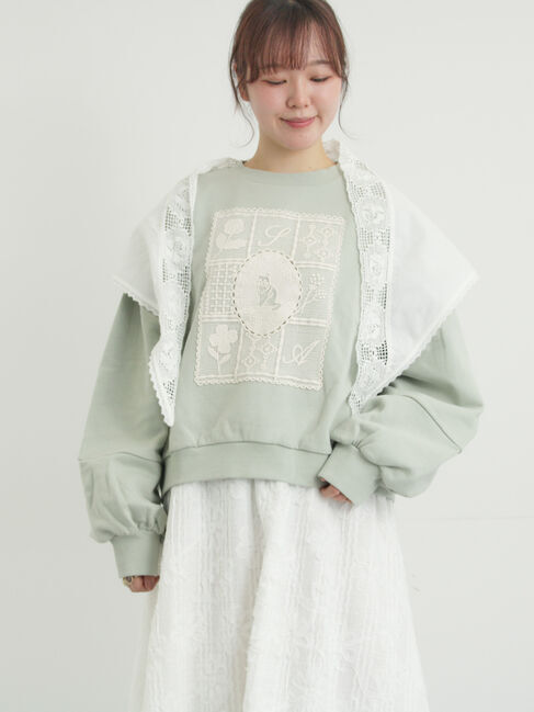 Samansa Mos2「裏毛CAT柄パーツレース付スウェット」|Tシャツ・カットソー|