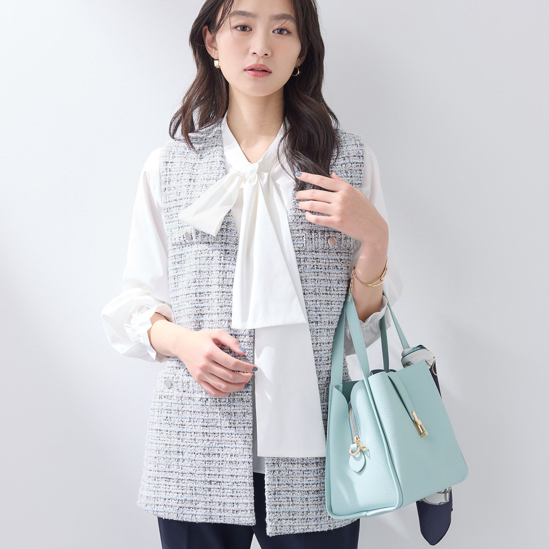 INDIVI「【2点セット／洗える／セレモニー】ツイードジレ＆ボウタイブラウス」|その他|サックスブルー(49