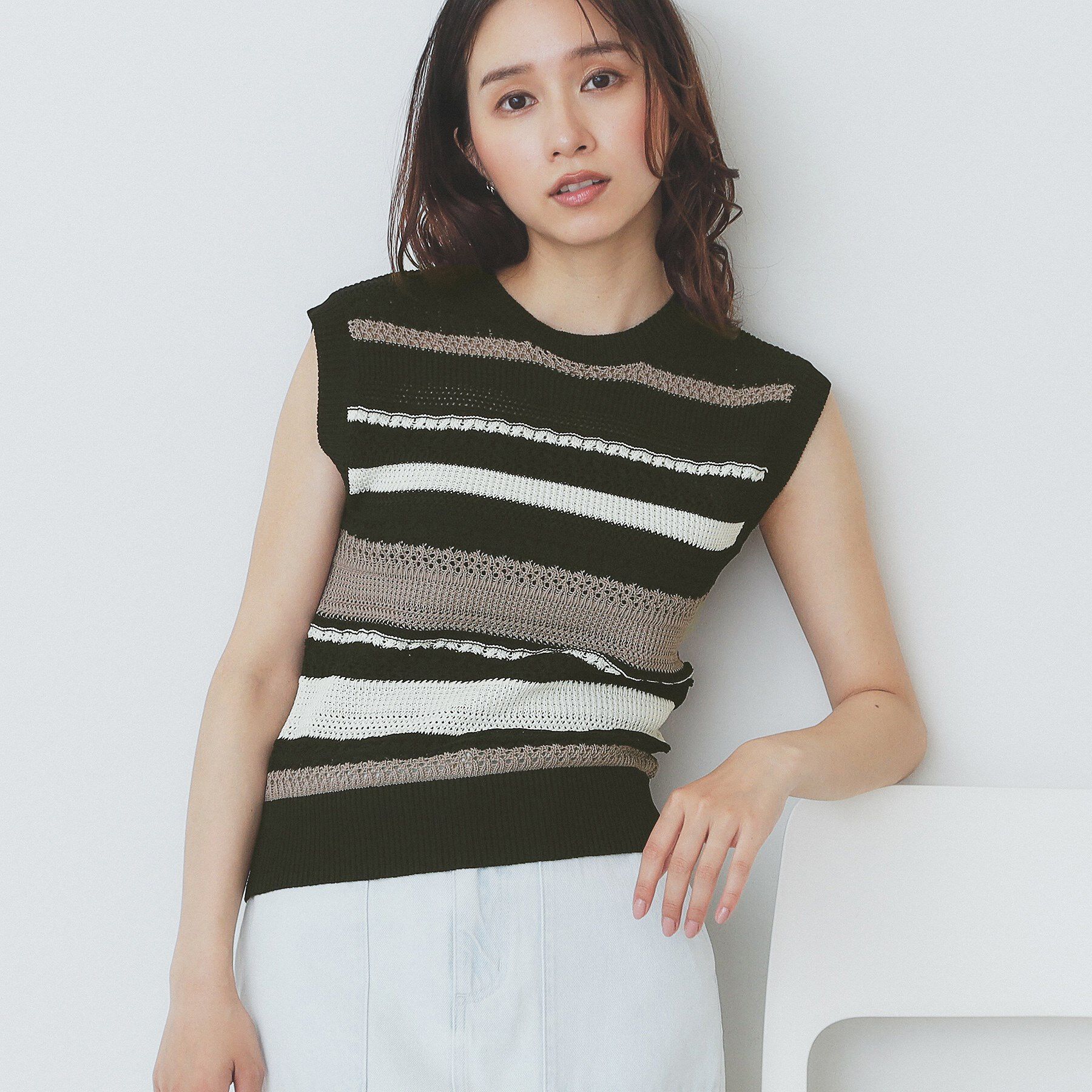 index「透かし編みノースリーブニット/セットアップ対応【洗濯機洗い可】」|ニット・セーター|ブラック(319)