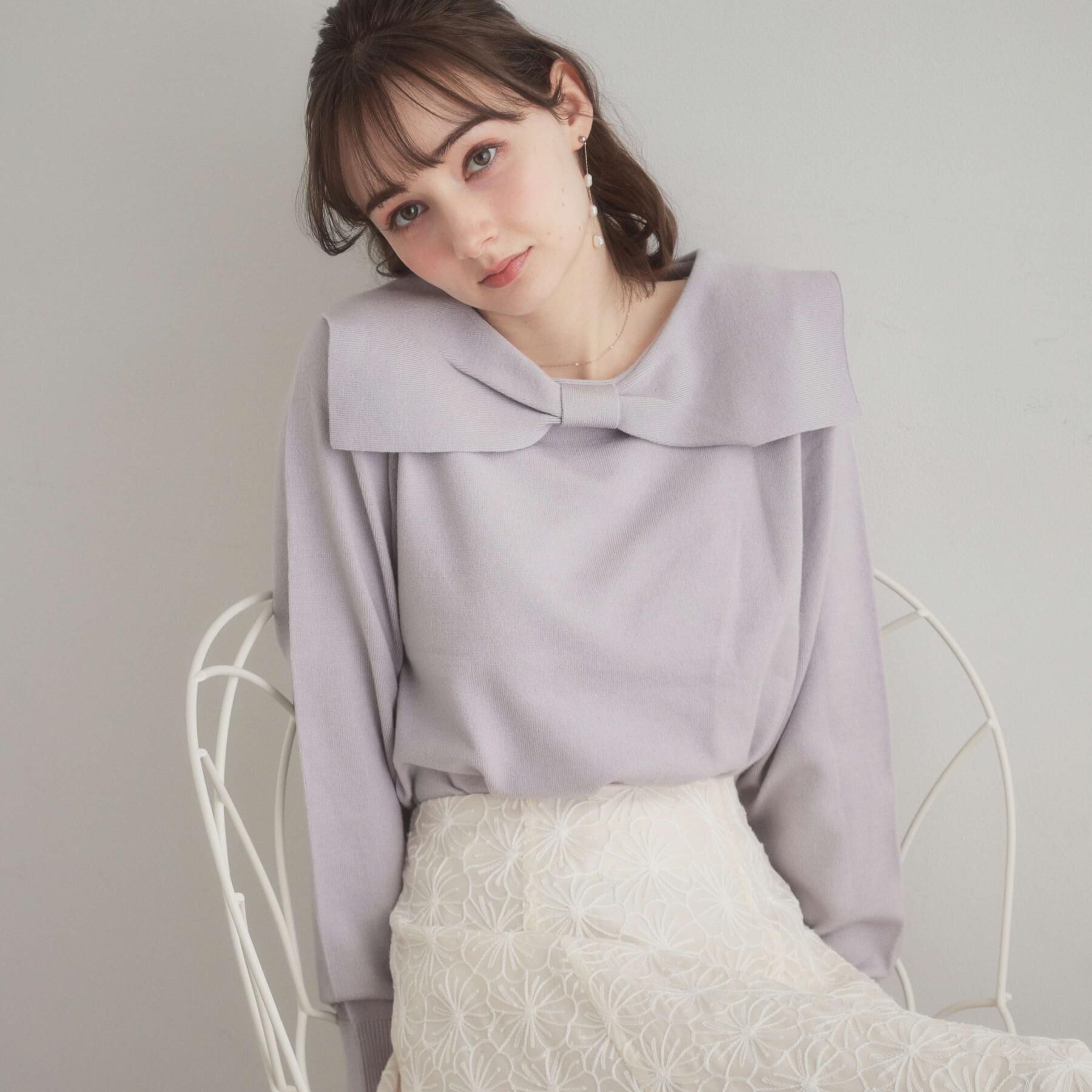 Couture broach「リボンカラーデザインニット」|ニット・セーター|ライトグレー(011