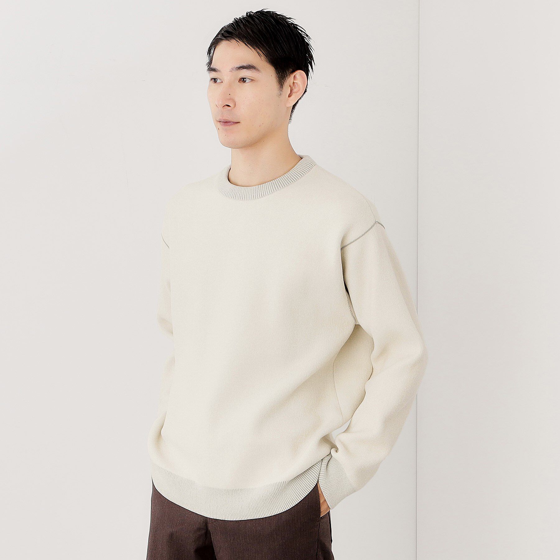 THE SHOP TK「【包み込まれるような柔らかさ】配色モールニット 洗濯機OK」|ニット・セーター|オフホワイト(003