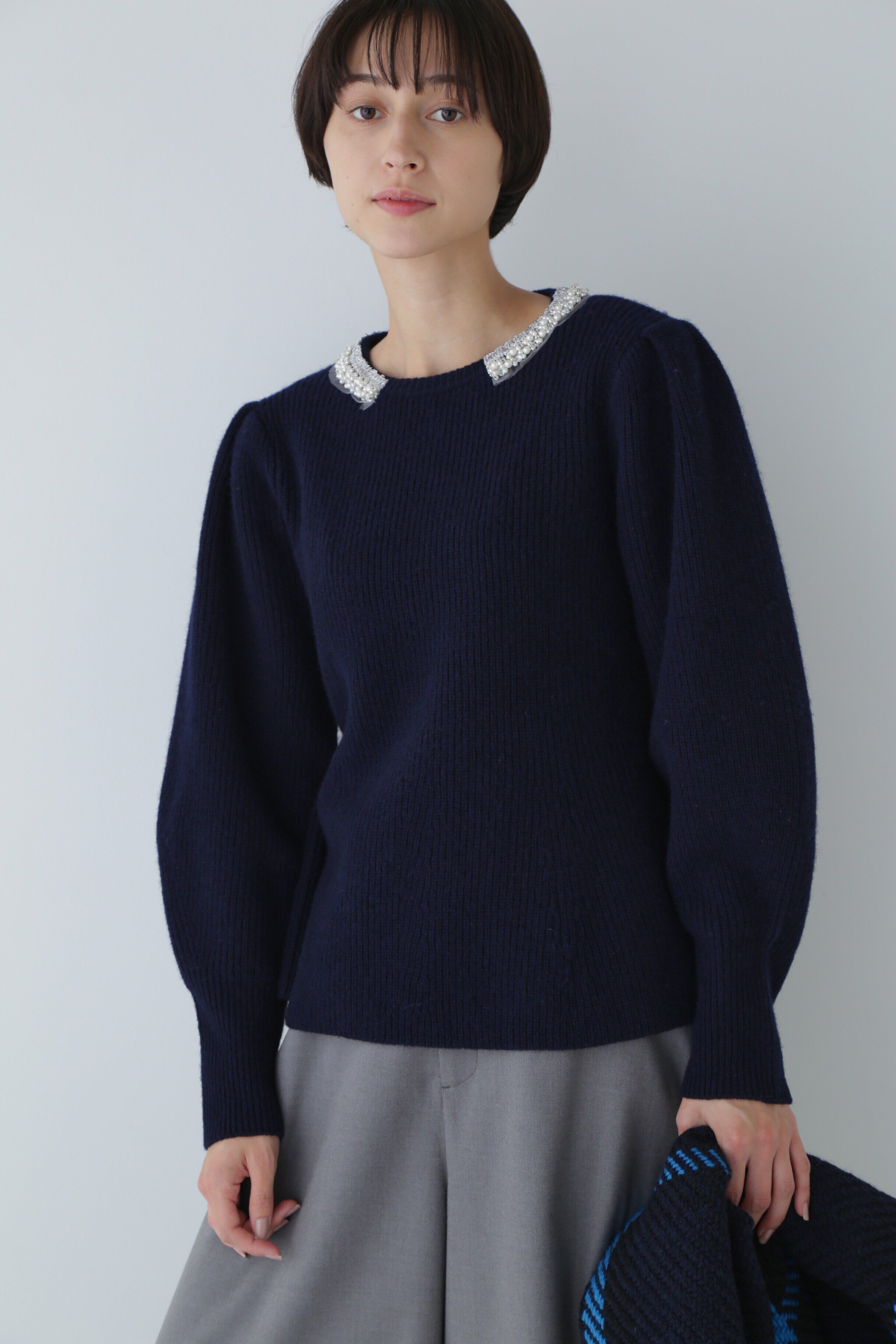  「◆ビジュー付きペプラムニット」|ニット・セーター|ネイビー