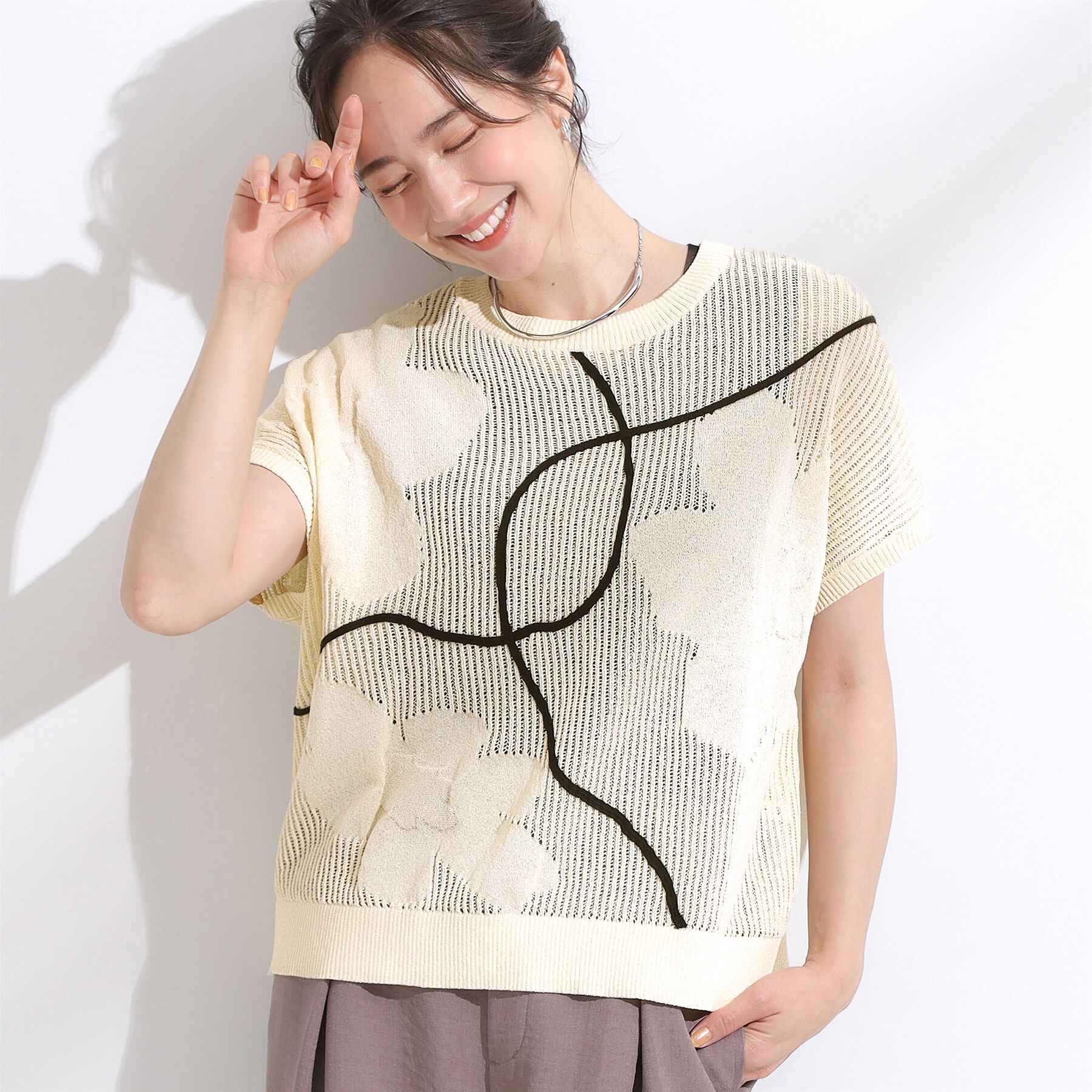 SHOO･LA･RUE「【S-LL】にょろにょろ刺繍 透かし編みニット」|ニット・セーター|オフホワイト(003