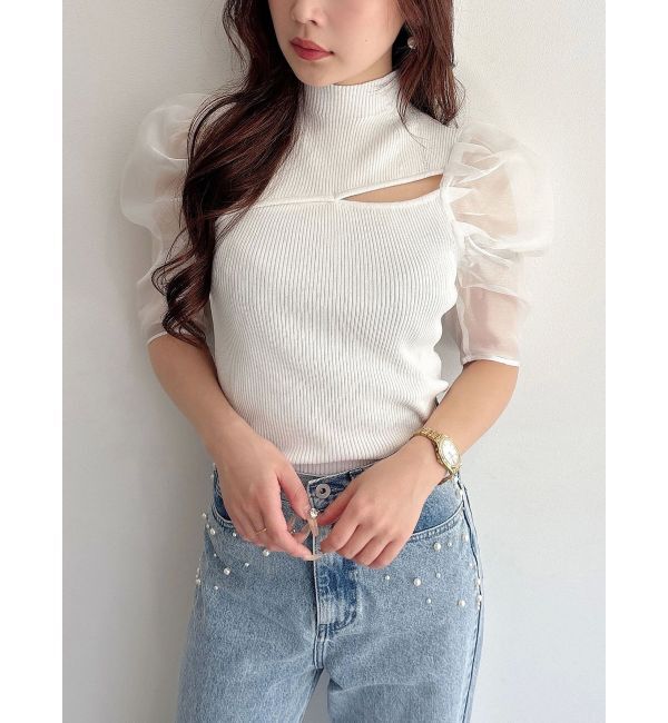 MERCURYDUO「2WAY異素材パフスリーブカットアウトニット」|ニット・セーター|