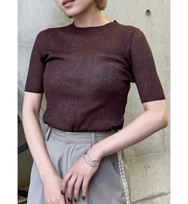 MURUA「スパンコールハーフスリーブニット」|ニット・セーター|ブラウン