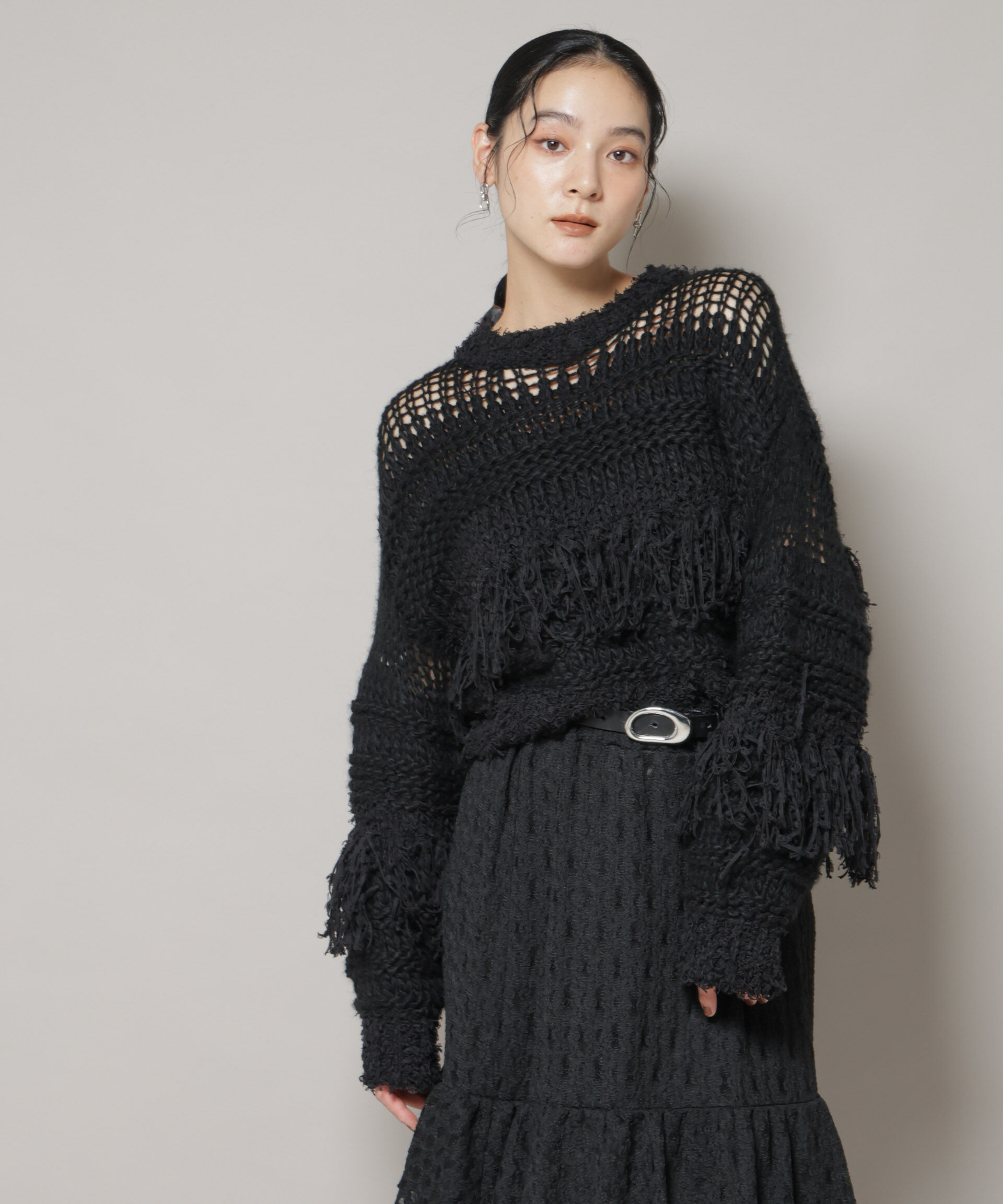 nano･universe「異素材ボーダーフリンジニットプルオーバー」|ニット・セーター|ブラック