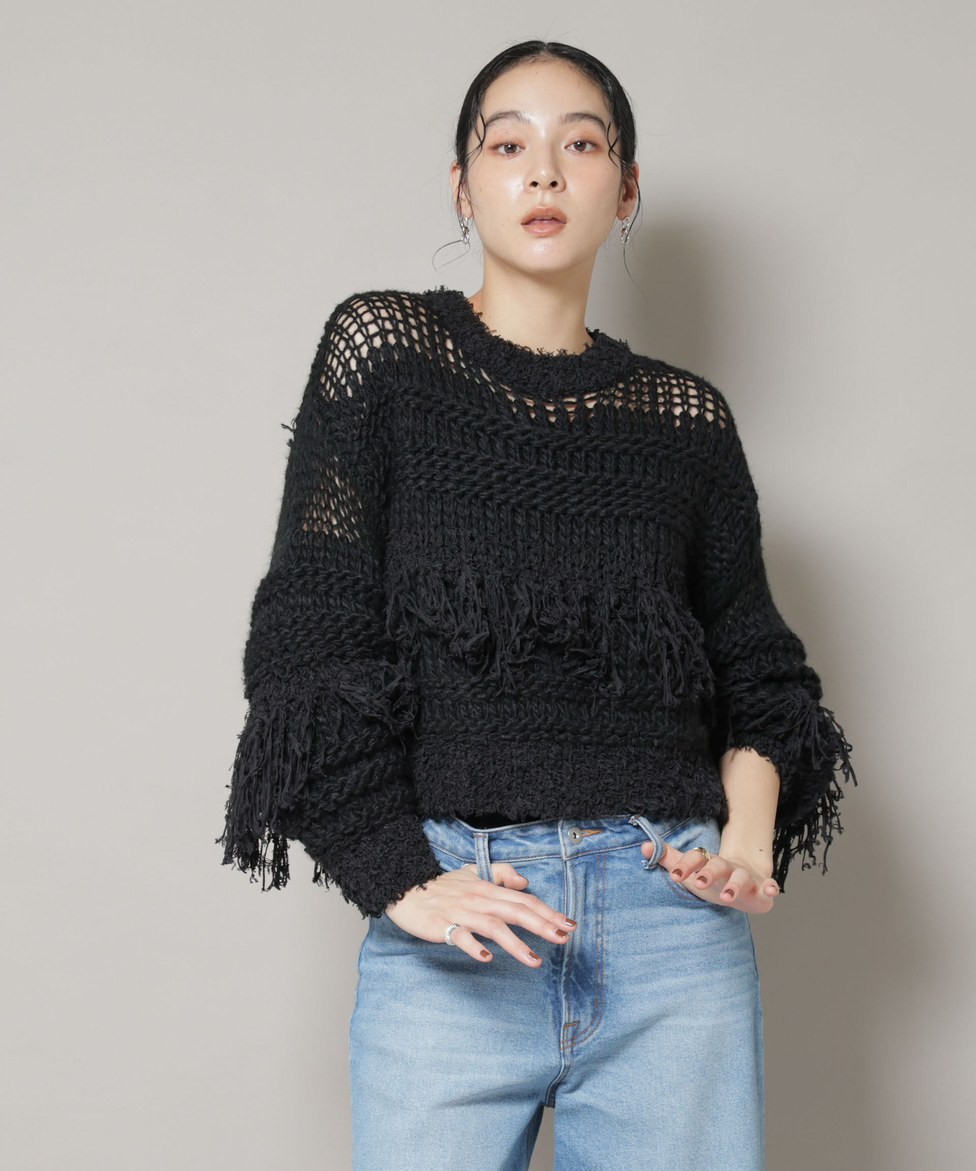 nano･universe「異素材ボーダーフリンジニットプルオーバー」|ニット・セーター|