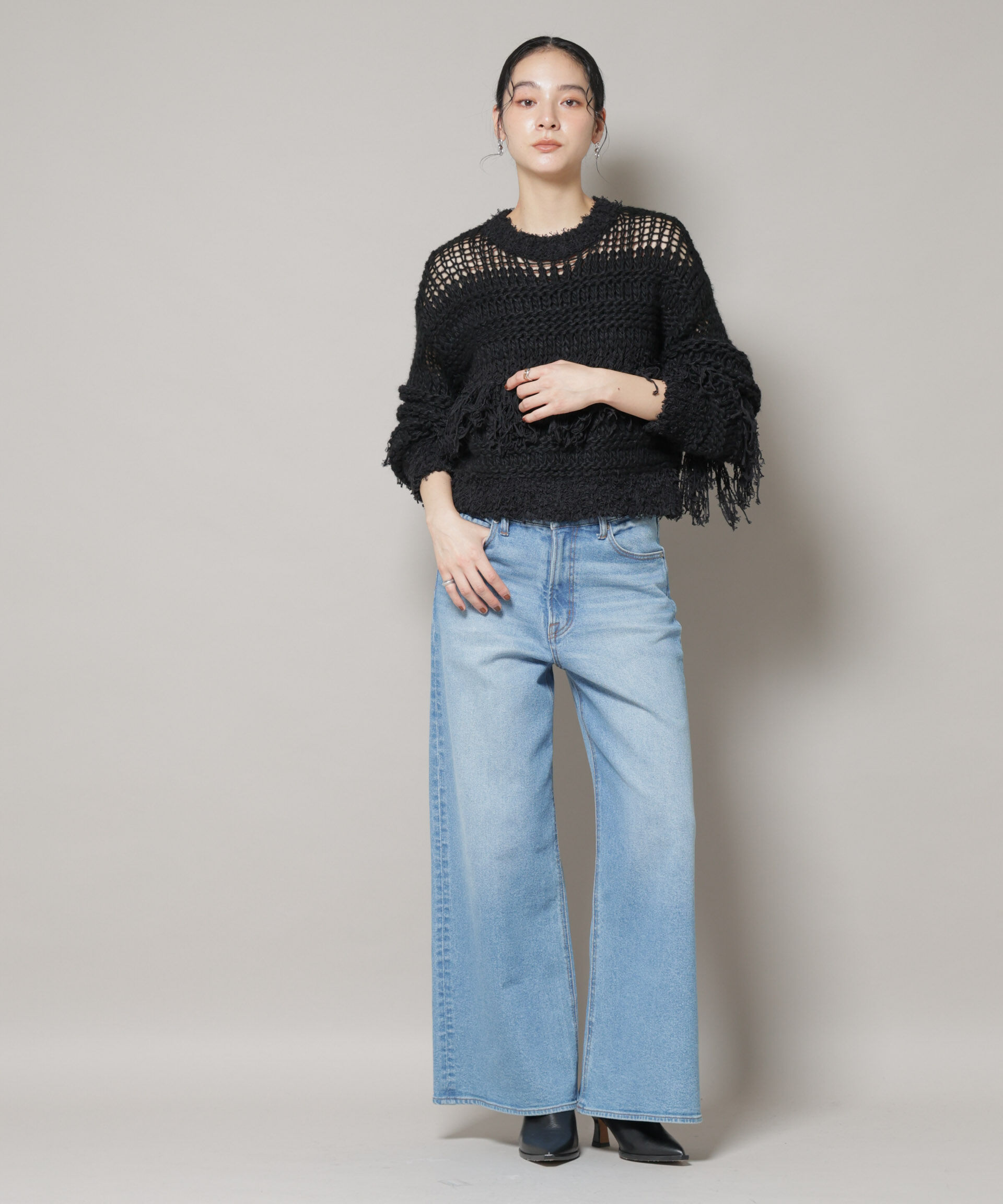 nano･universe「異素材ボーダーフリンジニットプルオーバー」|ニット・セーター|