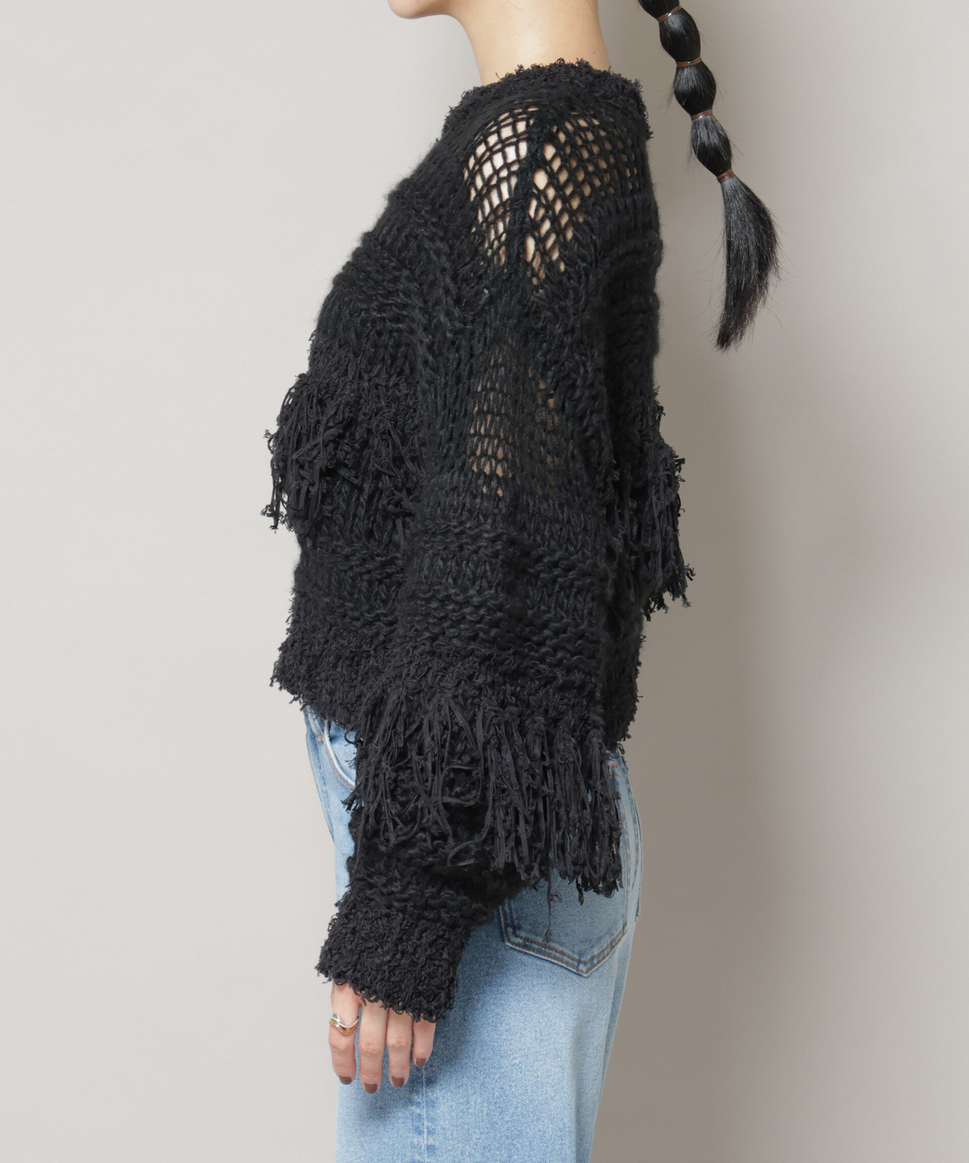 nano･universe「異素材ボーダーフリンジニットプルオーバー」|ニット・セーター|