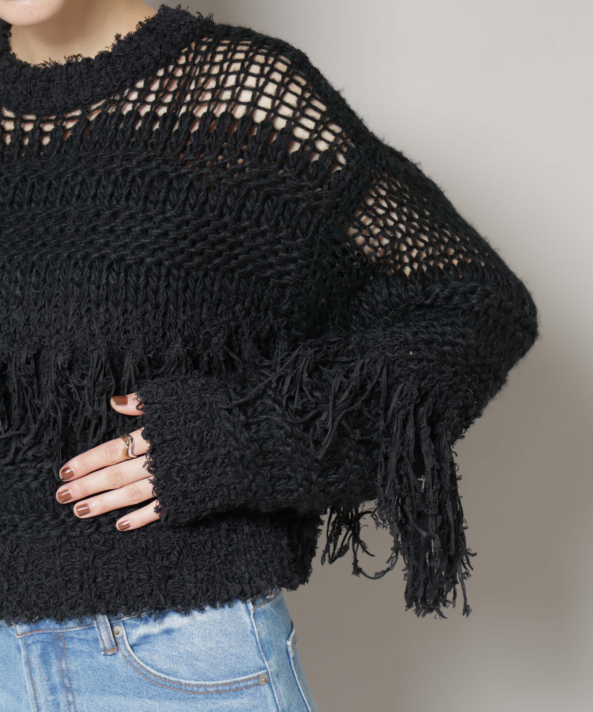 nano･universe「異素材ボーダーフリンジニットプルオーバー」|ニット・セーター|
