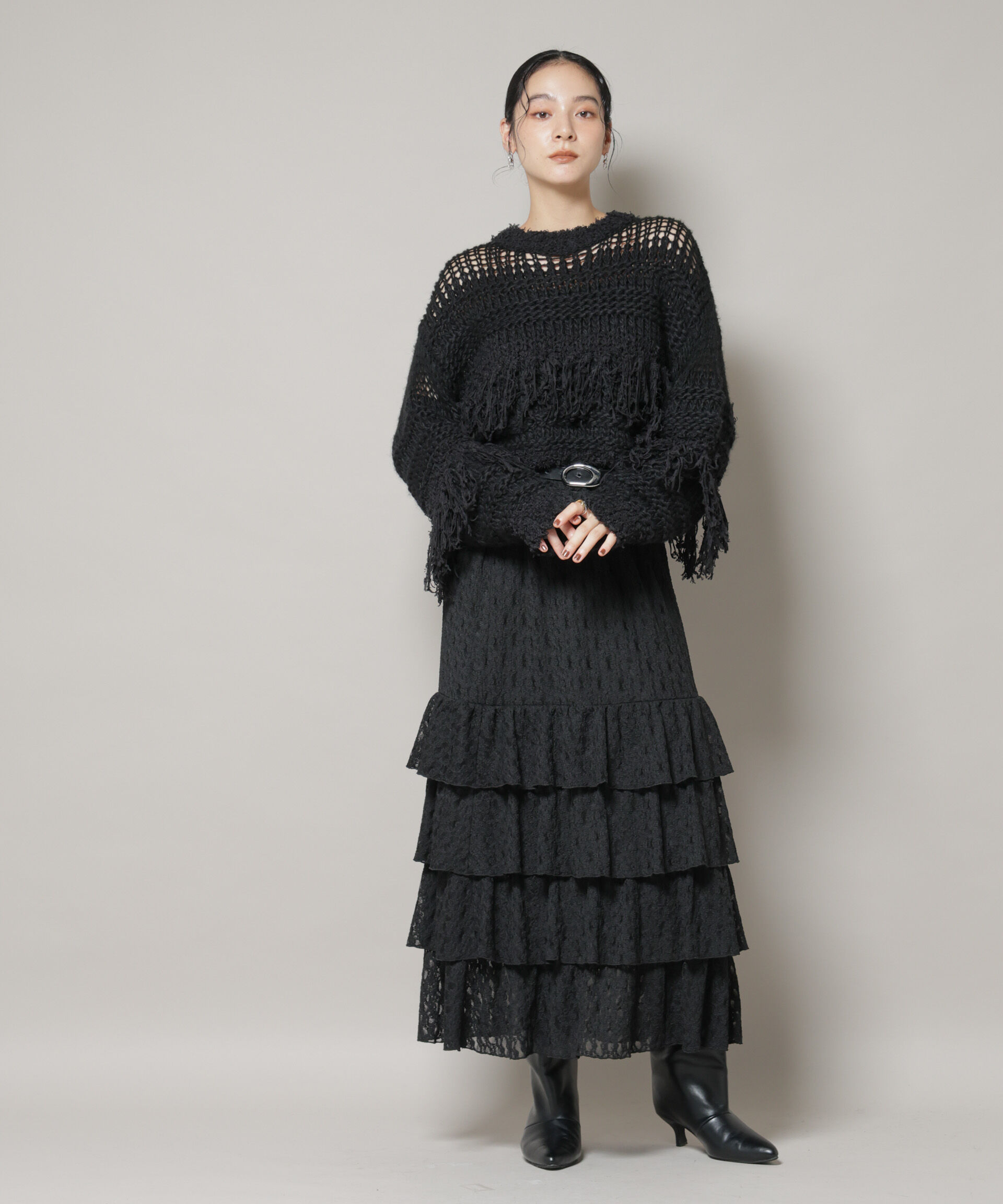 nano･universe「異素材ボーダーフリンジニットプルオーバー」|ニット・セーター|