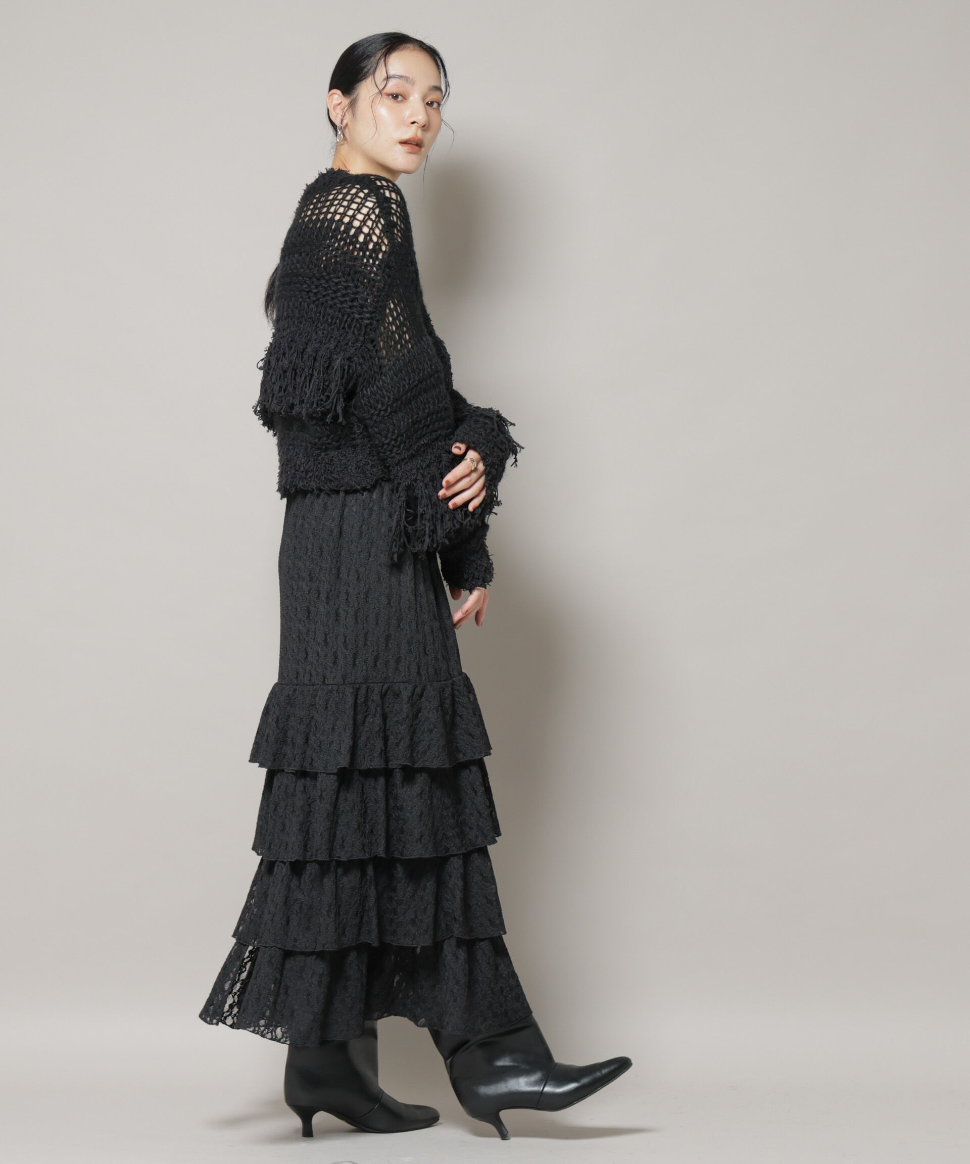 nano･universe「異素材ボーダーフリンジニットプルオーバー」|ニット・セーター|