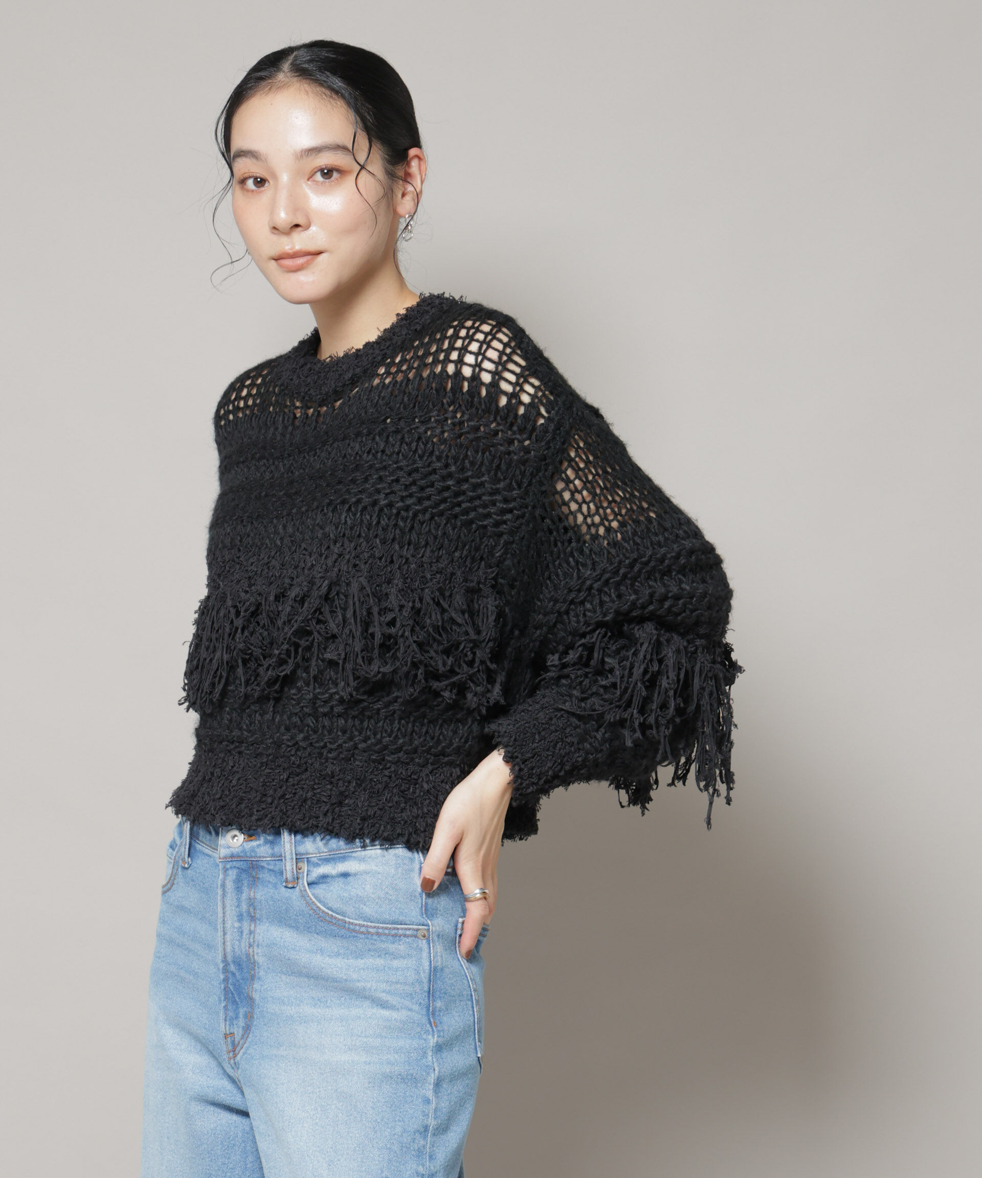 nano･universe「異素材ボーダーフリンジニットプルオーバー」|ニット・セーター|