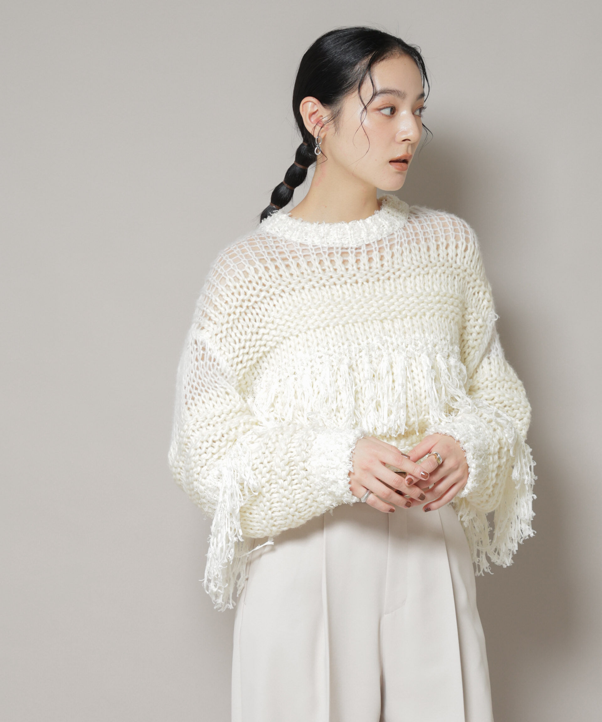 nano･universe「異素材ボーダーフリンジニットプルオーバー」|ニット・セーター|