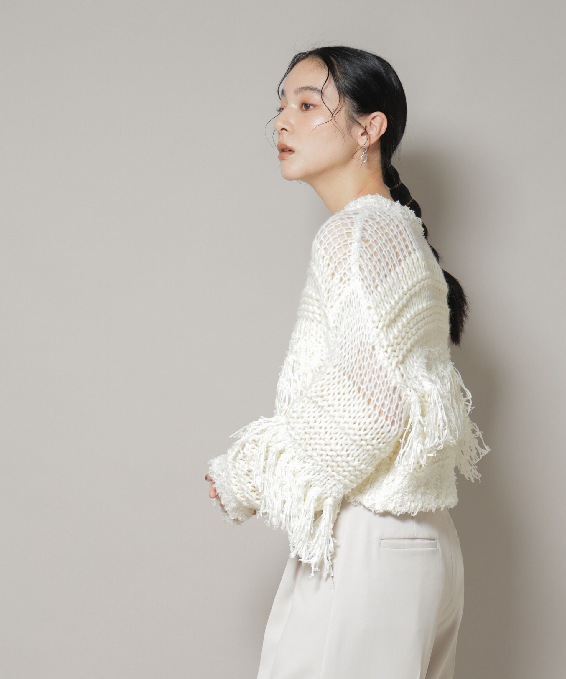 nano･universe「異素材ボーダーフリンジニットプルオーバー」|ニット・セーター|