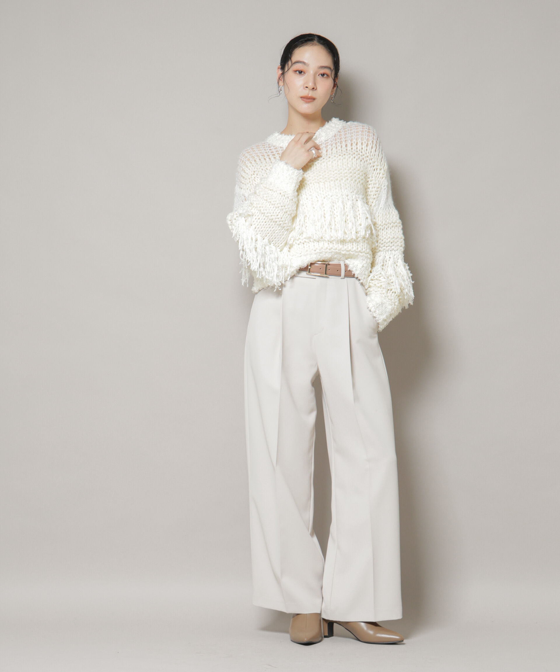 nano･universe「異素材ボーダーフリンジニットプルオーバー」|ニット・セーター|